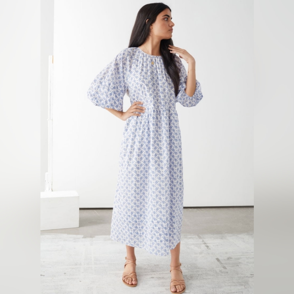 🩷 & Other Stories Anthropologie White & Blue Floral Puff Sleeve Midi Dress M 💙